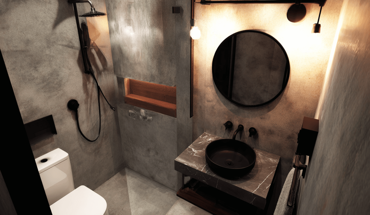 Small bathroom renovation Toronto featuring compact layout, walk-in shower, and modern loft-style design