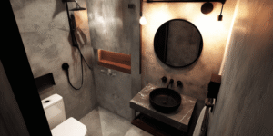 Small bathroom renovation Toronto featuring compact layout, walk-in shower, and modern loft-style design