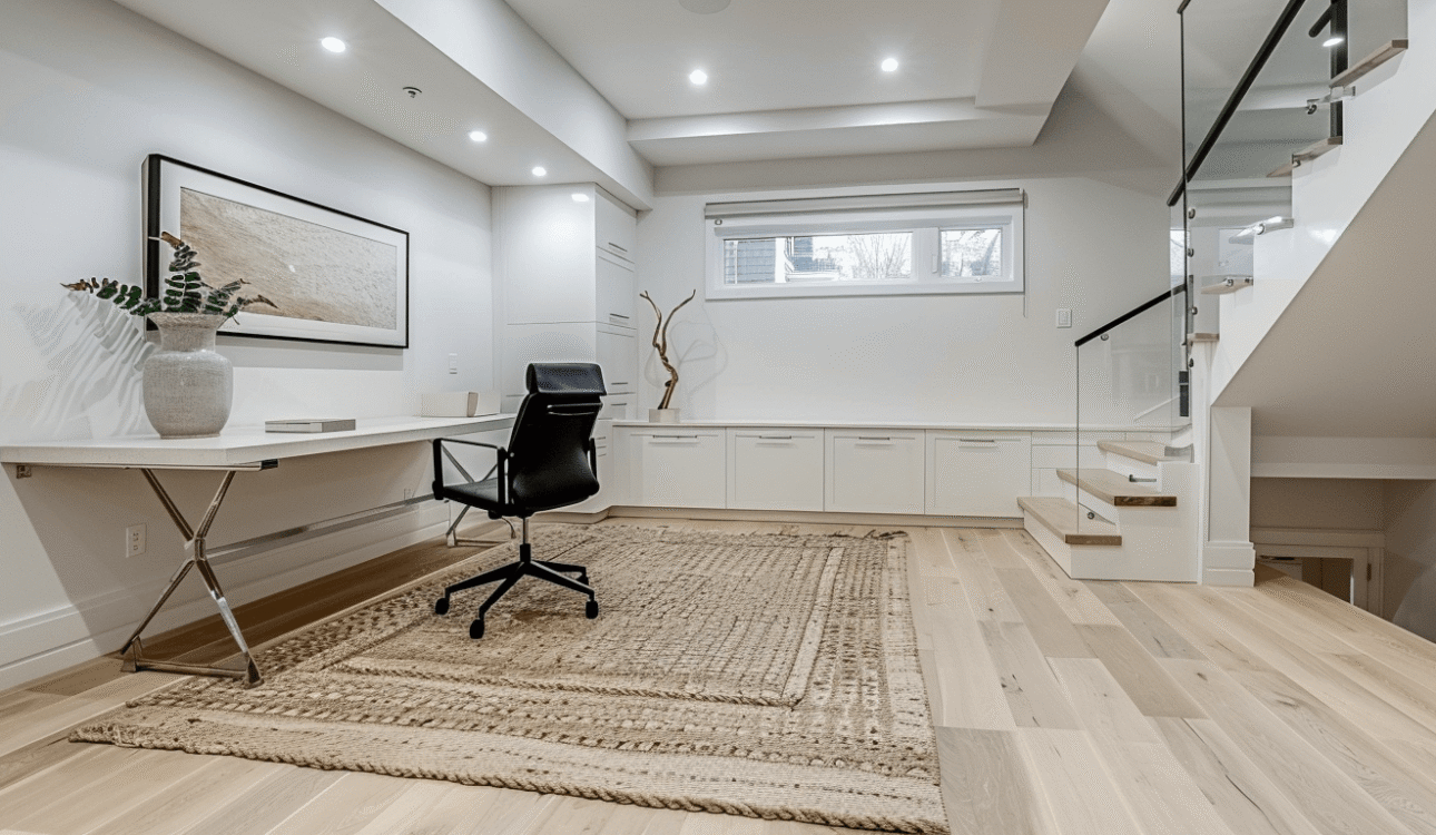 Bright modern basement office by basement contractors with white built-in cabinets, desk area, glass railing, light wood flooring, and recessed lighting.