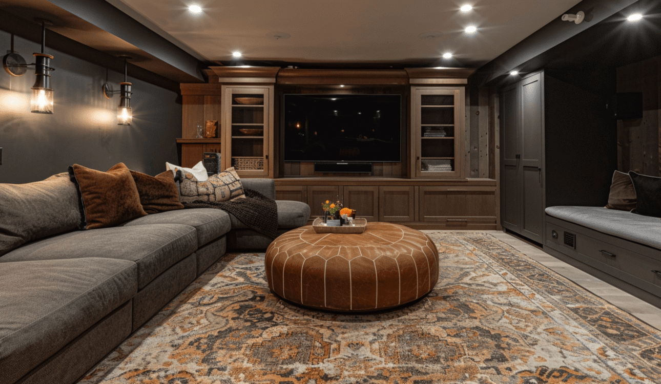 Finished basement entertainment room designed by basement renovation contractors, featuring a custom wood media wall, grey sectional sofa, leather ottoman, patterned rug, and warm recessed lighting.