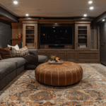 Finished basement entertainment room designed by basement renovation contractors, featuring a custom wood media wall, grey sectional sofa, leather ottoman, patterned rug, and warm recessed lighting.