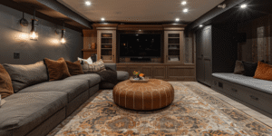 Finished basement entertainment room designed by basement renovation contractors, featuring a custom wood media wall, grey sectional sofa, leather ottoman, patterned rug, and warm recessed lighting.
