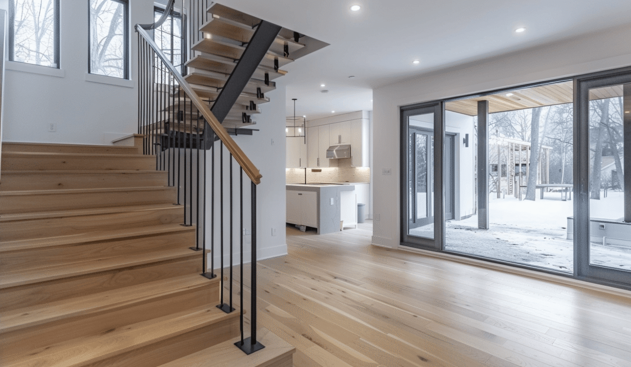 Basement renovation Vaughan design with bright lower-level entryway, light oak stairs, black railings, open living space, kitchenette, and walkout doors.