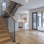 Basement renovation Vaughan design with bright lower-level entryway, light oak stairs, black railings, open living space, kitchenette, and walkout doors.