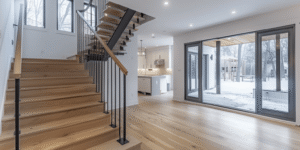 Basement renovation Vaughan design with bright lower-level entryway, light oak stairs, black railings, open living space, kitchenette, and walkout doors.
