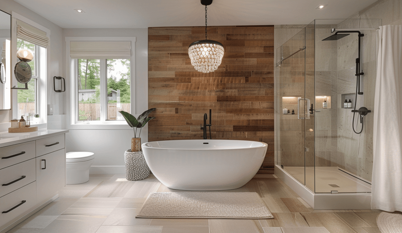 Bathroom Renovations in Vaughan with a freestanding tub, wood accent wall, glass shower, chandelier lighting, and warm spa-inspired finishes.