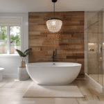 Bathroom Renovations in Vaughan with a freestanding tub, wood accent wall, glass shower, chandelier lighting, and warm spa-inspired finishes.