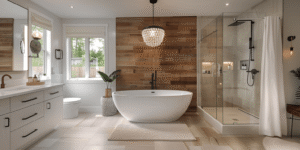 Bathroom Renovations in Vaughan with a freestanding tub, wood accent wall, glass shower, chandelier lighting, and warm spa-inspired finishes.