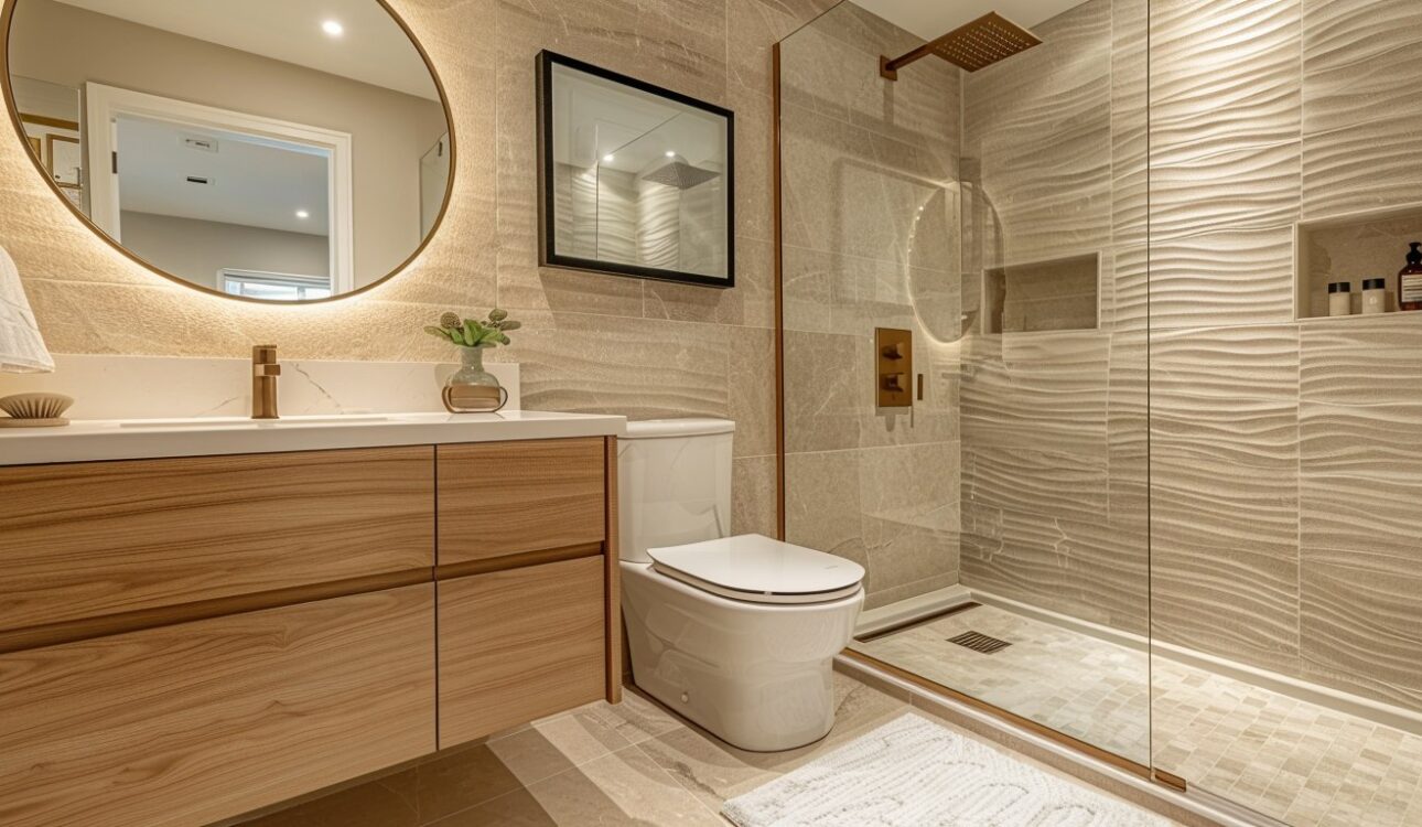 Condo bathroom renovation Toronto featuring a floating wood vanity, textured shower tile, glass enclosure, round mirror, and warm modern lighting.
