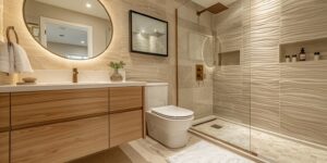 Condo bathroom renovation Toronto featuring a floating wood vanity, textured shower tile, glass enclosure, round mirror, and warm modern lighting.