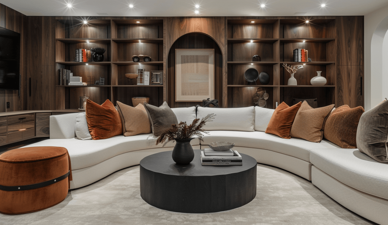Warm modern finished basement with curved cream sectional, custom wood built-ins, recessed lighting, and designer decor, showing how the cost to finish a basement varies by materials and customization.