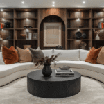 Warm modern finished basement with curved cream sectional, custom wood built-ins, recessed lighting, and designer decor, showing how the cost to finish a basement varies by materials and customization.