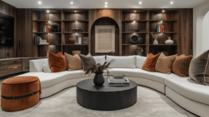 Warm modern finished basement with curved cream sectional, custom wood built-ins, recessed lighting, and designer decor, showing how the cost to finish a basement varies by materials and customization.