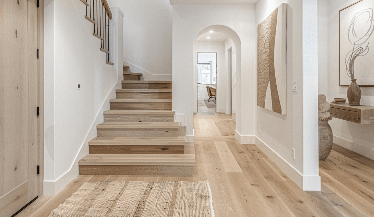Artsy finished basement hallway with light wood stairs, white walls, natural textures, and warm decor, showing a polished approach to renovating basement entry spaces.